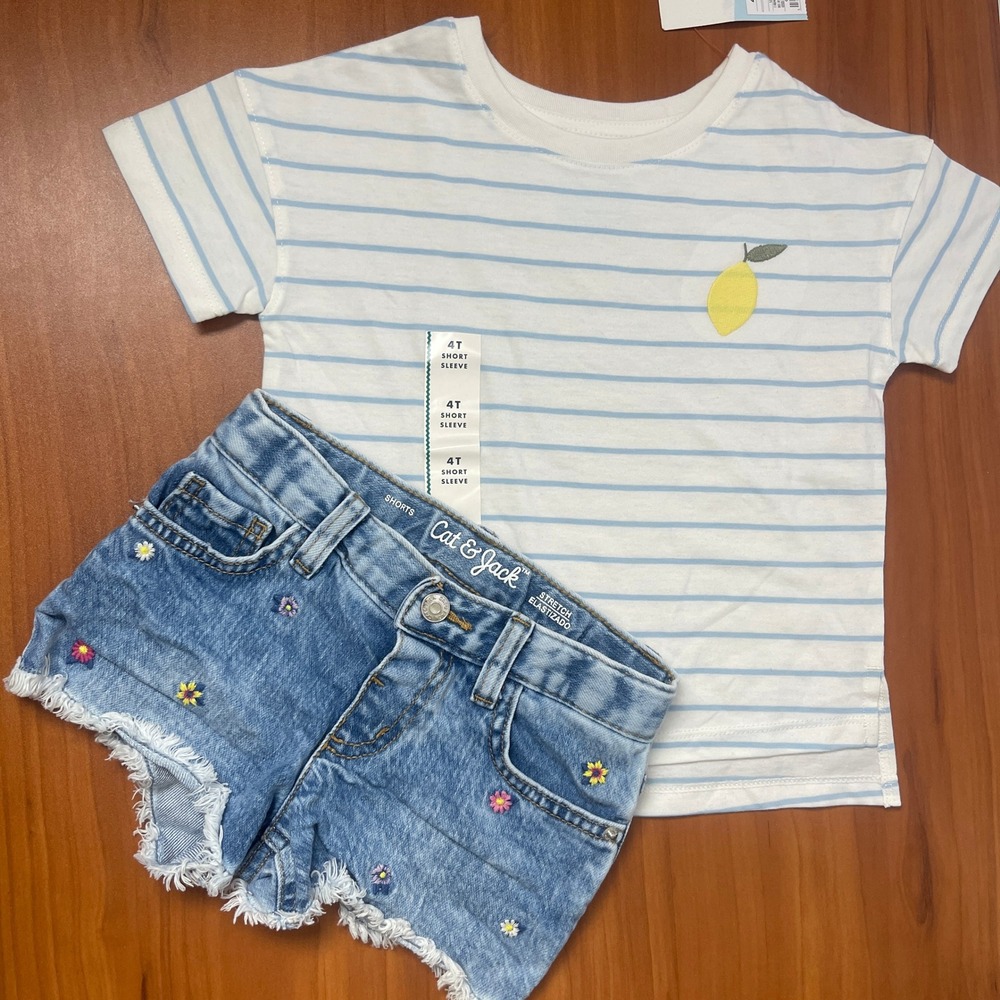 Cat & Jack Girls 4T Lemon Striped Tee and‎ Floral Daisy Denim Shorts Outfit Set